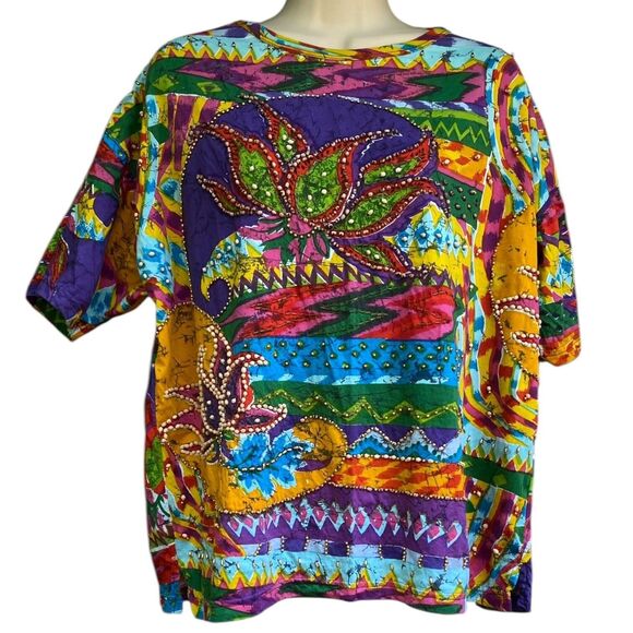 Vtg Sandy Starkman L Beaded Studded Multicolor T-Shirt Rainbow Artsy Statement - Picture 1 of 16